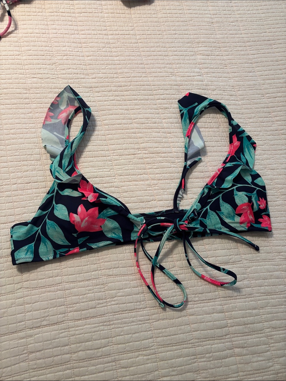 aerie Floral Bikini Top in Black with Teal and Coral Pink Accents
